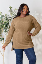 Basic Bae Full Size Ribbed Round Neck Long Sleeve Slit Top - Delanoir