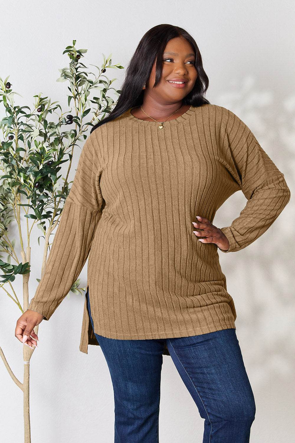 Basic Bae Full Size Ribbed Round Neck Long Sleeve Slit Top - Delanoir