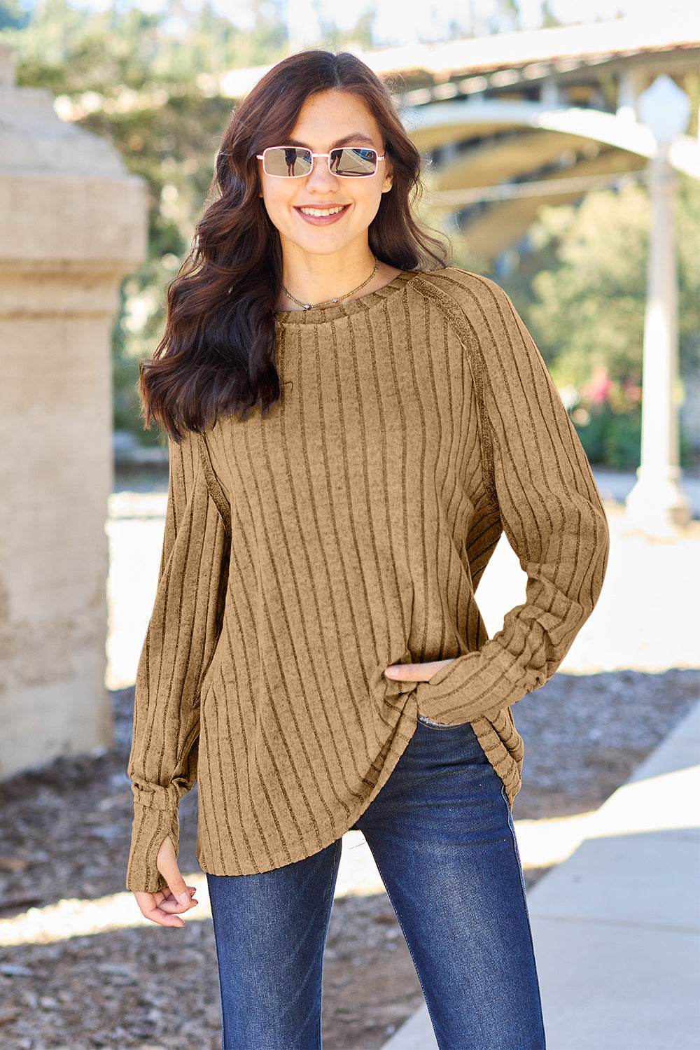 Basic Bae Full Size Ribbed Round Neck Long Sleeve Knit Top - Delanoir