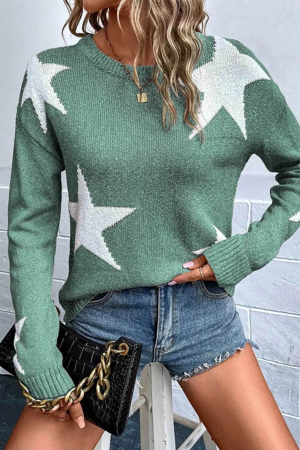 Star Round Neck Dropped Shoulder Sweater - Delanoir