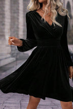 Surplice Long Sleeve Velvet Dress - Delanoir