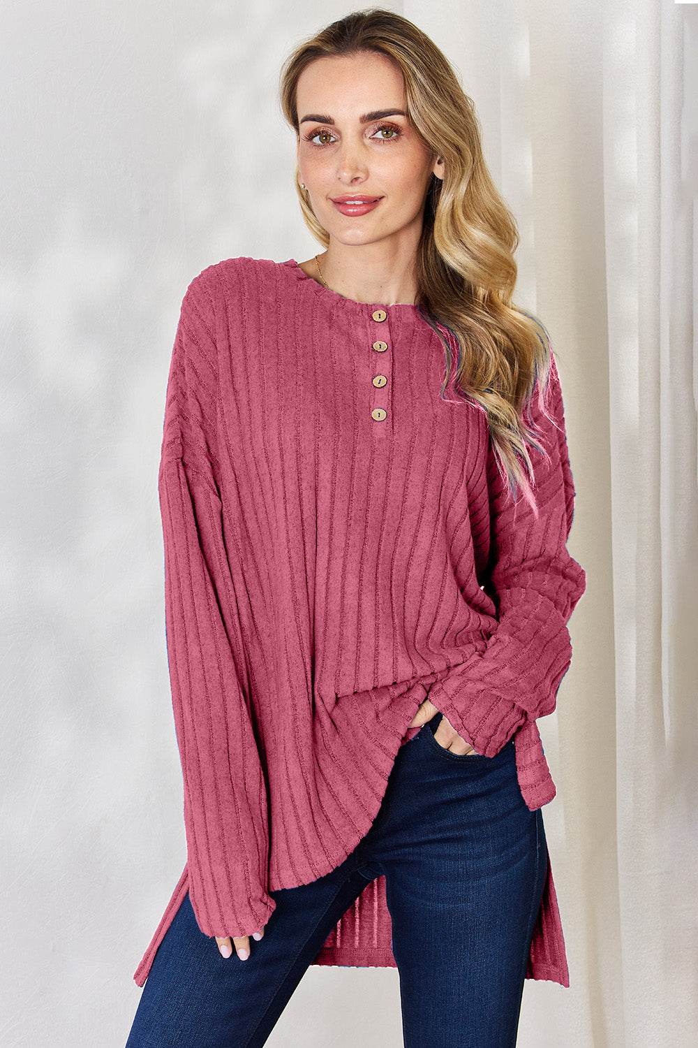 Basic Bae Full Size Ribbed Half Button Long Sleeve High-Low T-Shirt - Delanoir