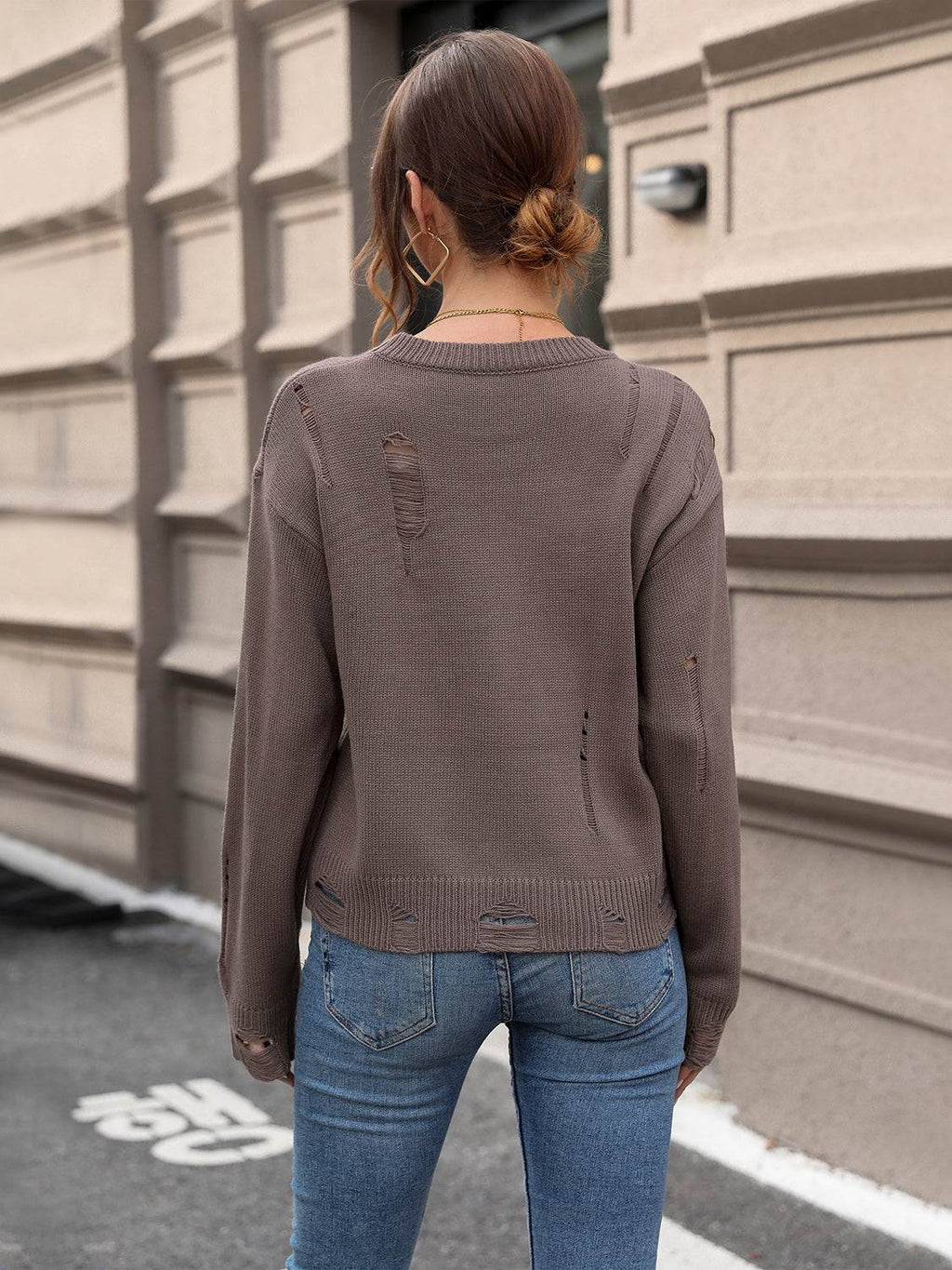 Perfee Cutout Round Neck Long Sleeve Sweater - Delanoir