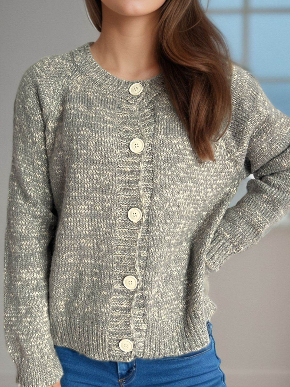 Heathered Button Down Long Sleeve Cardigan - Delanoir