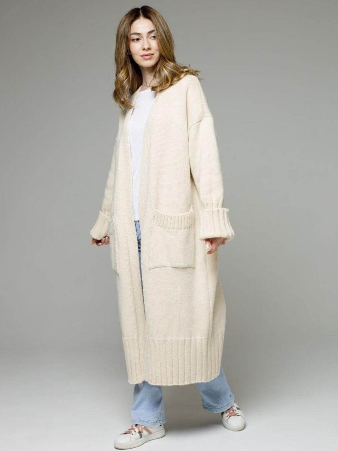 Pocketed Open Front Dropped Shoulder Cardigan - Delanoir
