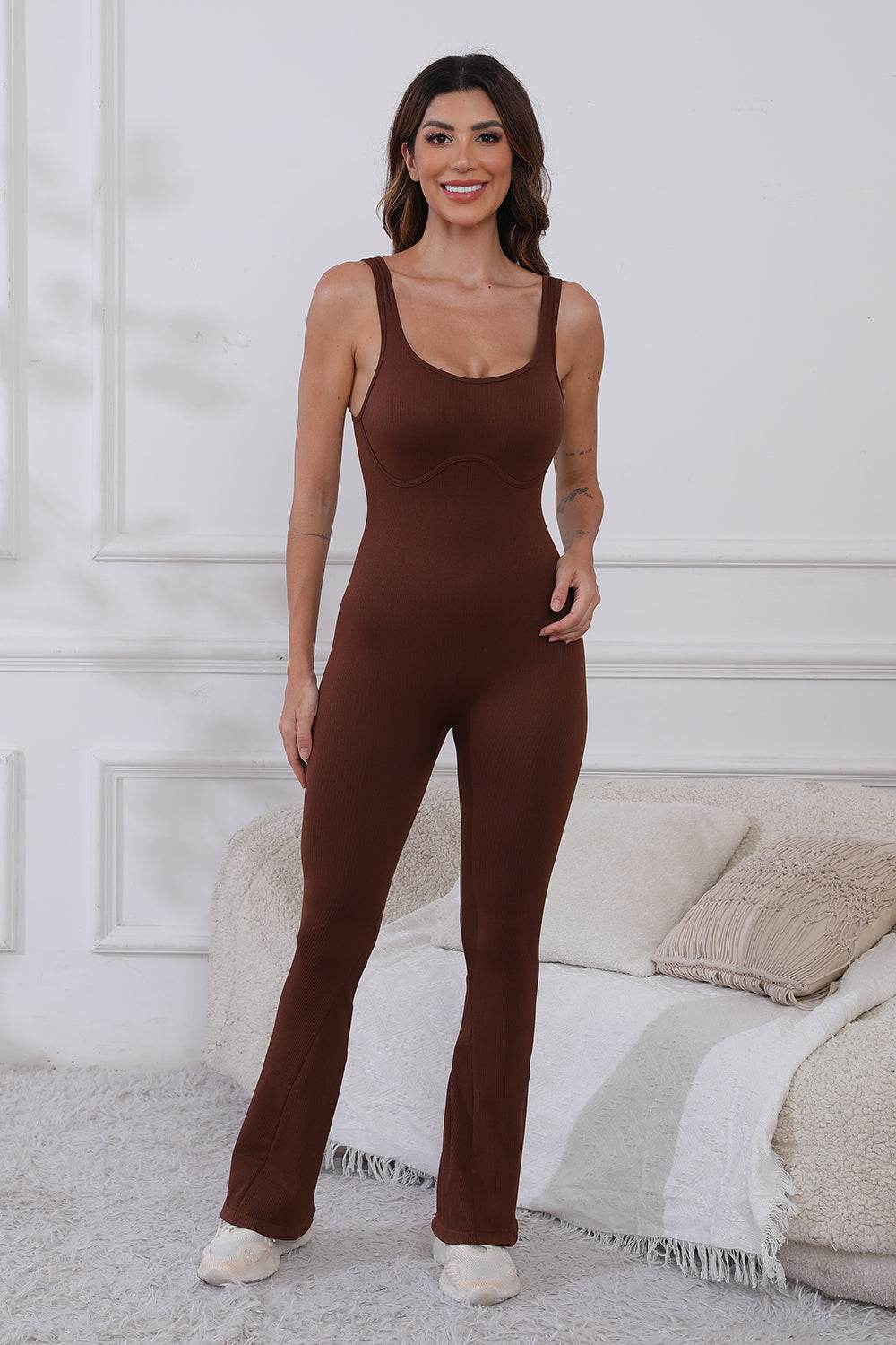 Scoop Neck Wide Strap Active Jumpsuit - Delanoir