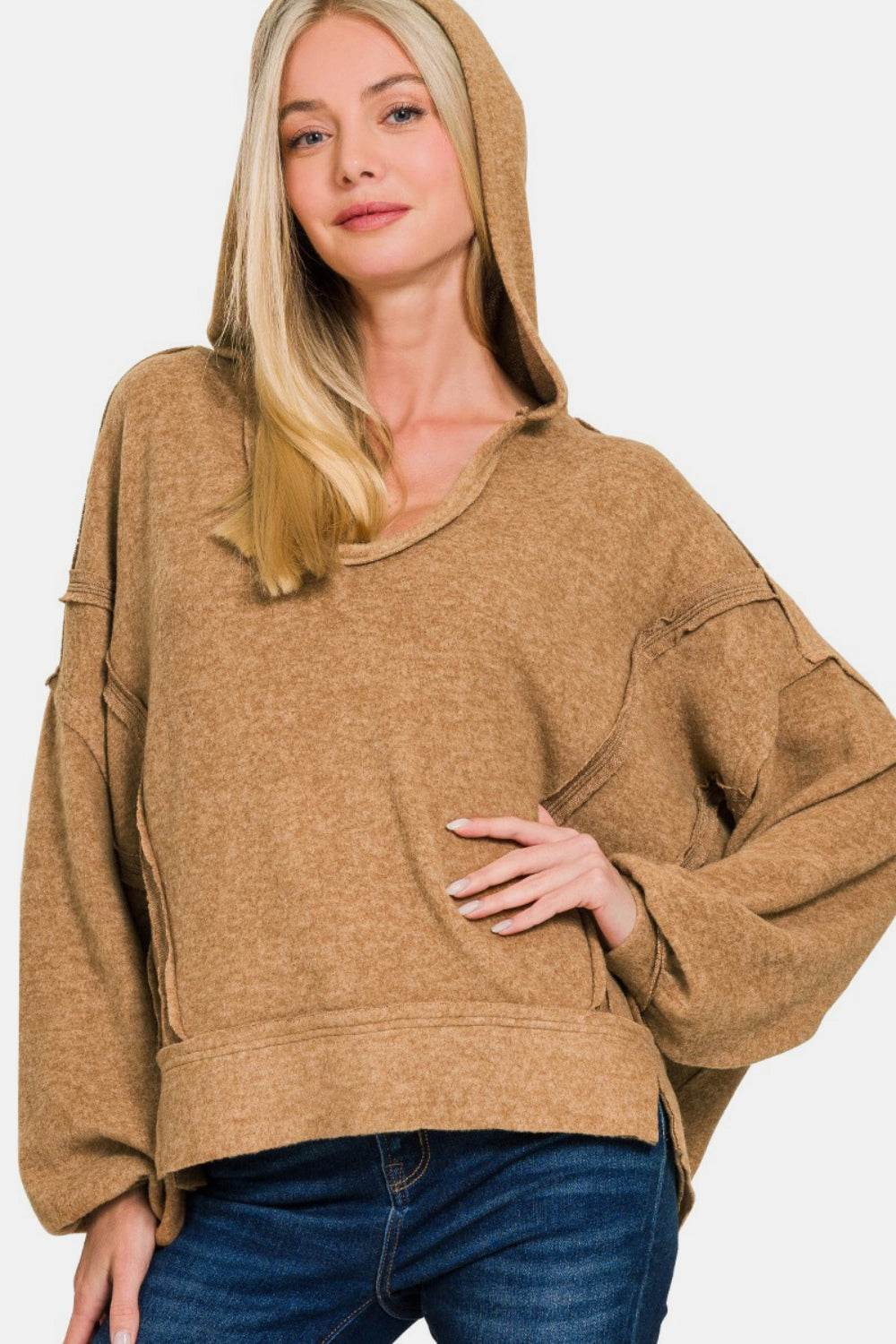 Zenana Brushed Hacci Exposed Seam Hoodie - Delanoir