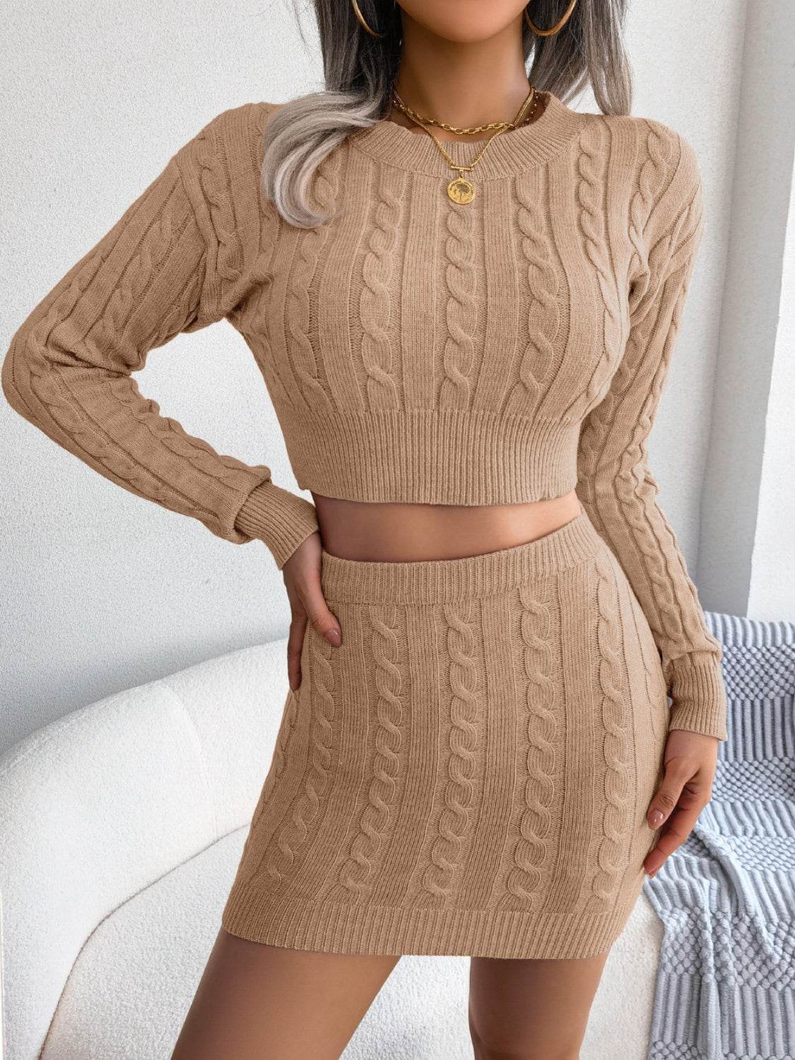 Cable-Knit Round Neck Top and Skirt Sweater Set - Delanoir