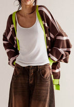 Contrast Stripes Button Down Long Sleeve Cardigan - Delanoir