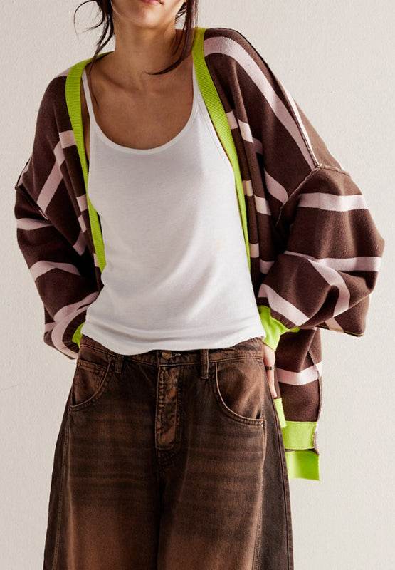 Contrast Stripes Button Down Long Sleeve Cardigan - Delanoir