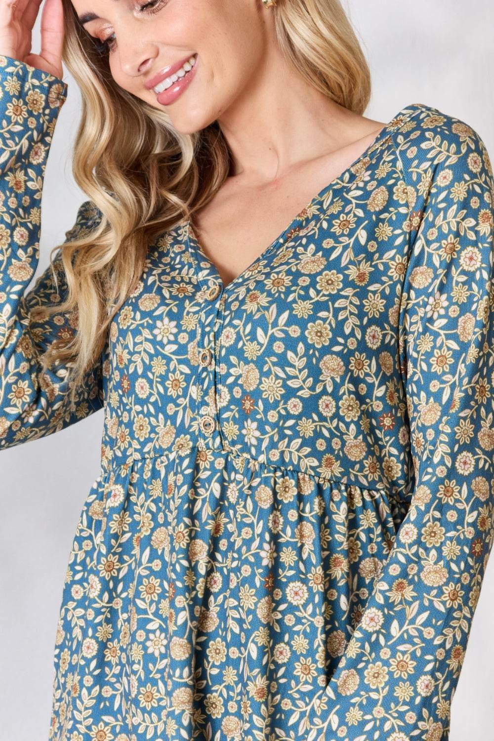 Heimish Full Size Floral Half Button Long Sleeve Blouse - Delanoir