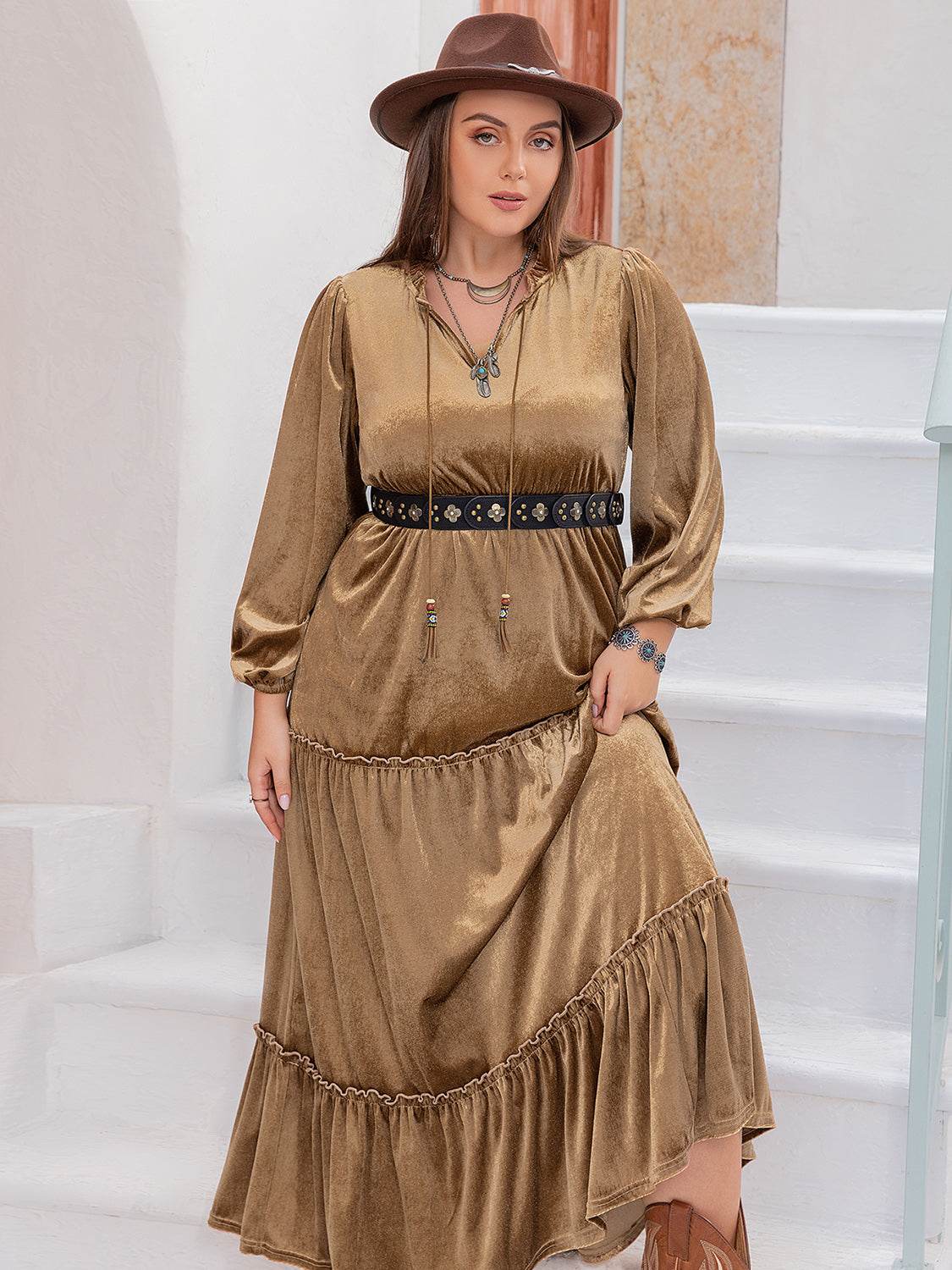 Plus Size Frill Tie Neck Long Sleeve Dress - Delanoir