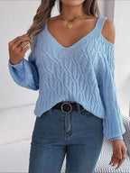 Cable-Knit Cold Shoulder Long Sleeve Sweater - Delanoir