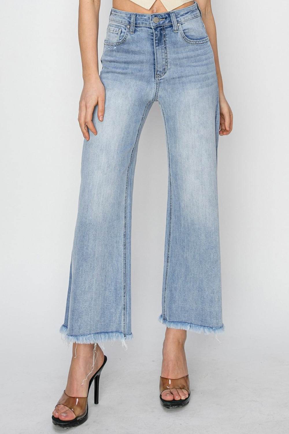 RISEN High Rise Crop Wide Fray Hem Jeans - Delanoir
