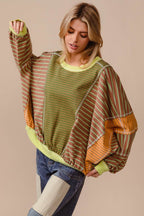 BiBi Color Block Striped Round Neck Sweatshirt - Delanoir