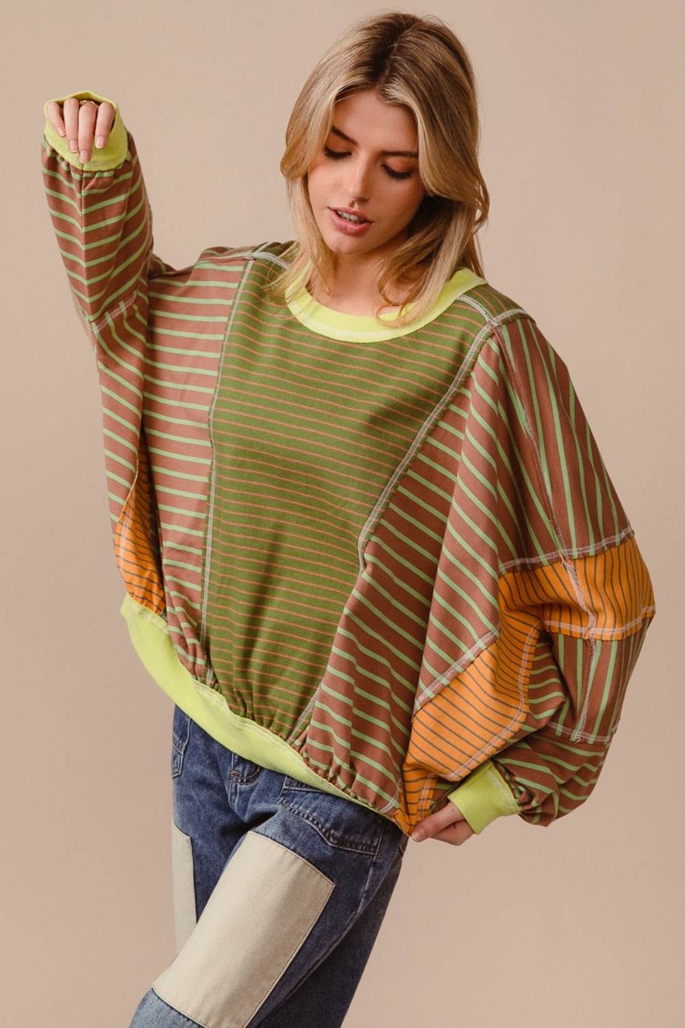 BiBi Color Block Striped Round Neck Sweatshirt - Delanoir