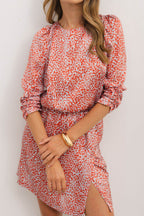 Slit Tied Printed Round Neck Mini Dress - Delanoir