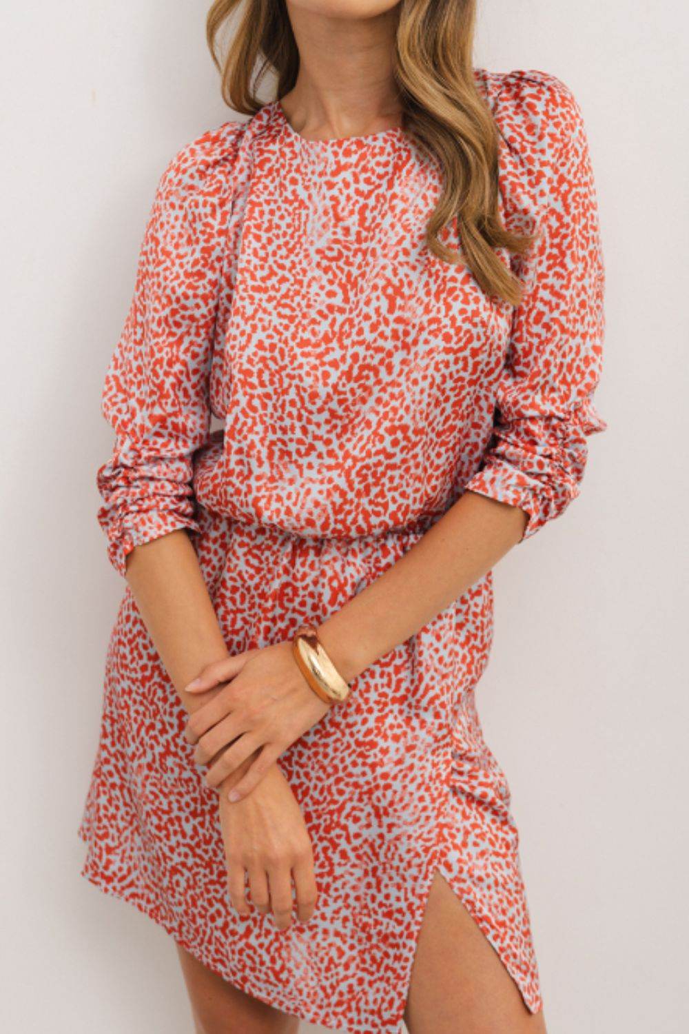 Slit Tied Printed Round Neck Mini Dress - Delanoir
