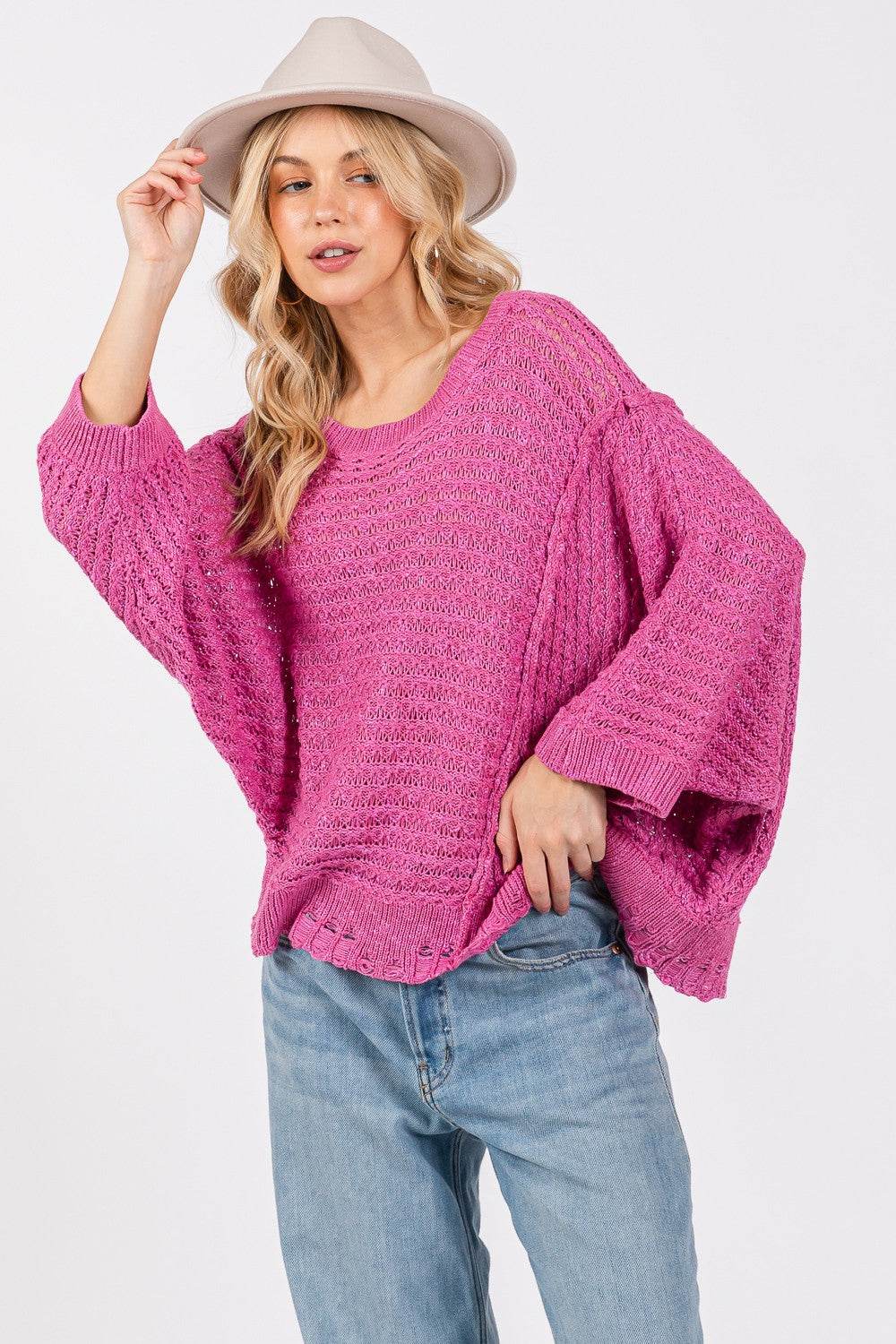 SAGE + FIG Distressed Asymmetrical Open Stitch Sweater - Delanoir