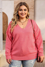 Plus Size V-Neck Dropped Shoulder Sweater - Delanoir