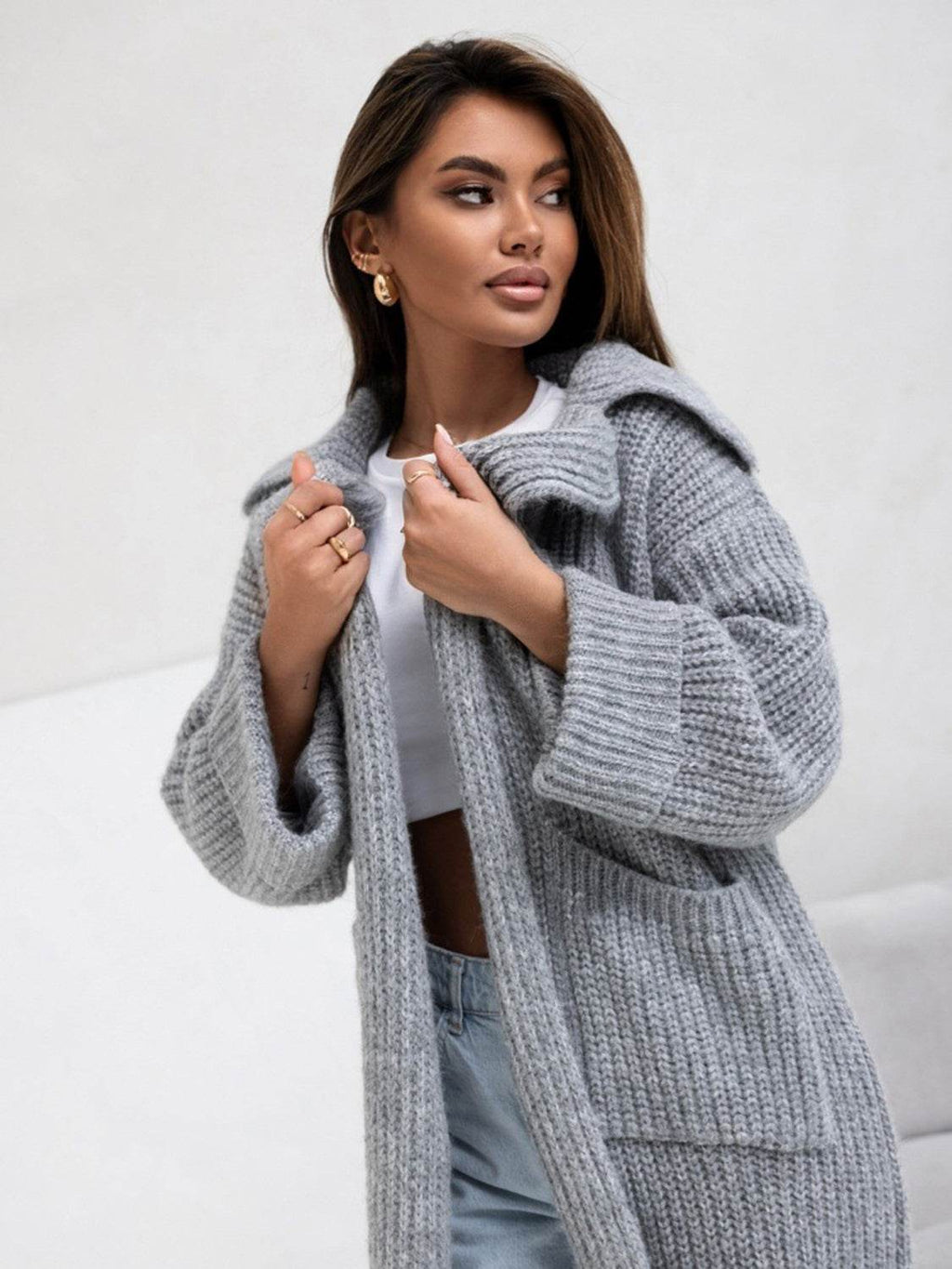 Pocketed Collared Neck Dropped Shoulder Cardigan - Delanoir