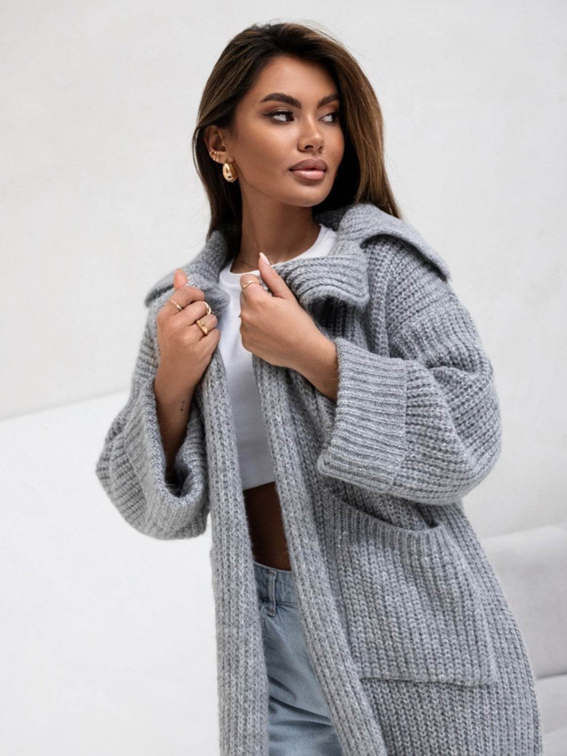 Pocketed Collared Neck Dropped Shoulder Cardigan - Delanoir