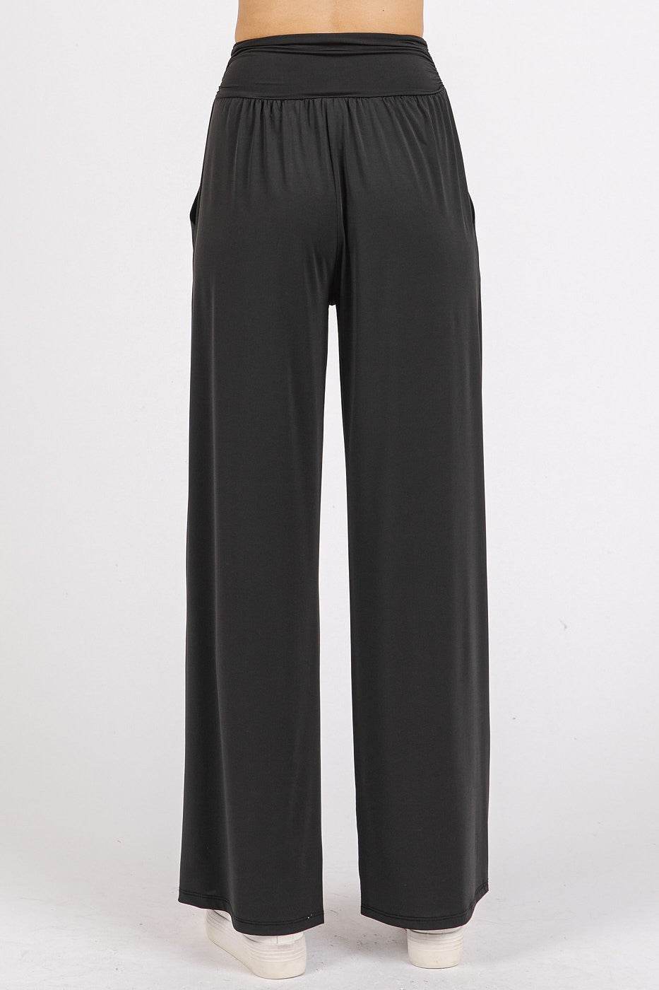 Mittoshop Stretch Banded Waist Wide Leg Pants with Pockets - Delanoir