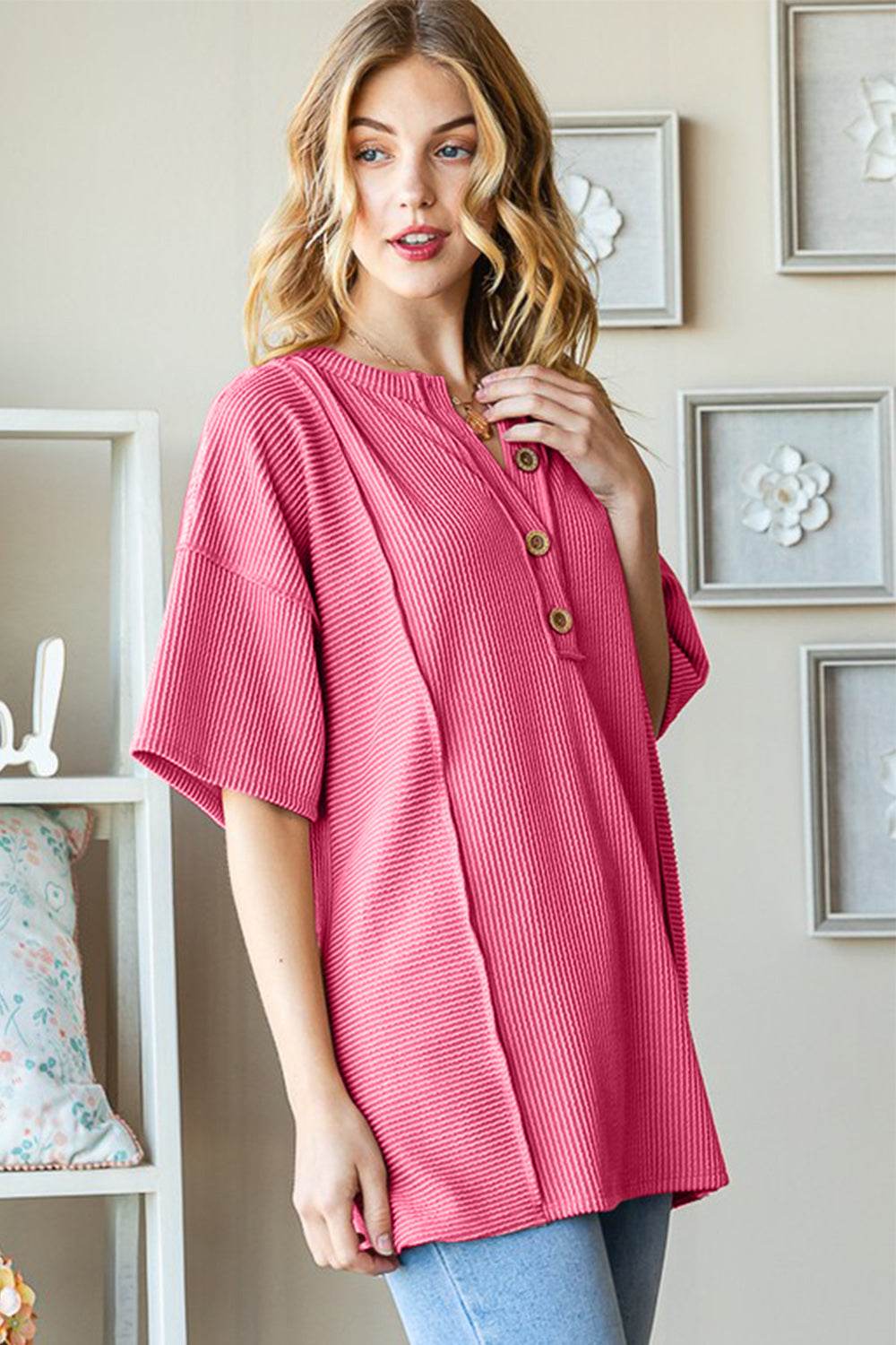 Heimish Full Size Ribbed Half Button Drop Shoulder Top - Delanoir