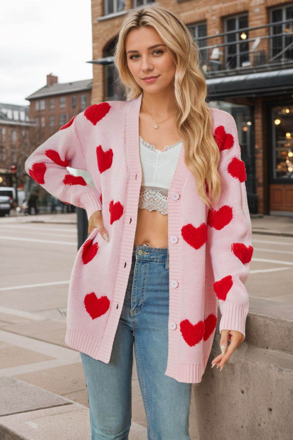 Heart Button Down Long Sleeve Cardigan - Delanoir