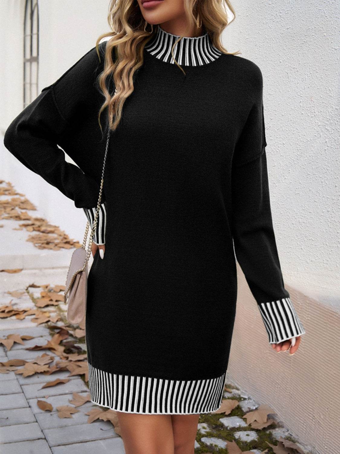 Devine Striped Mock Neck Long Sleeve Sweater Dress - Delanoir