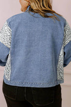 Plus Size Leopard Long Sleeve Denim Jacket - Delanoir