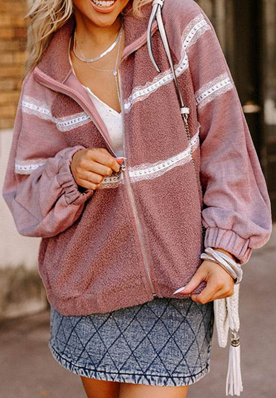 Lace Detail Zip Up Sherpa Patchwork Jacket - Delanoir