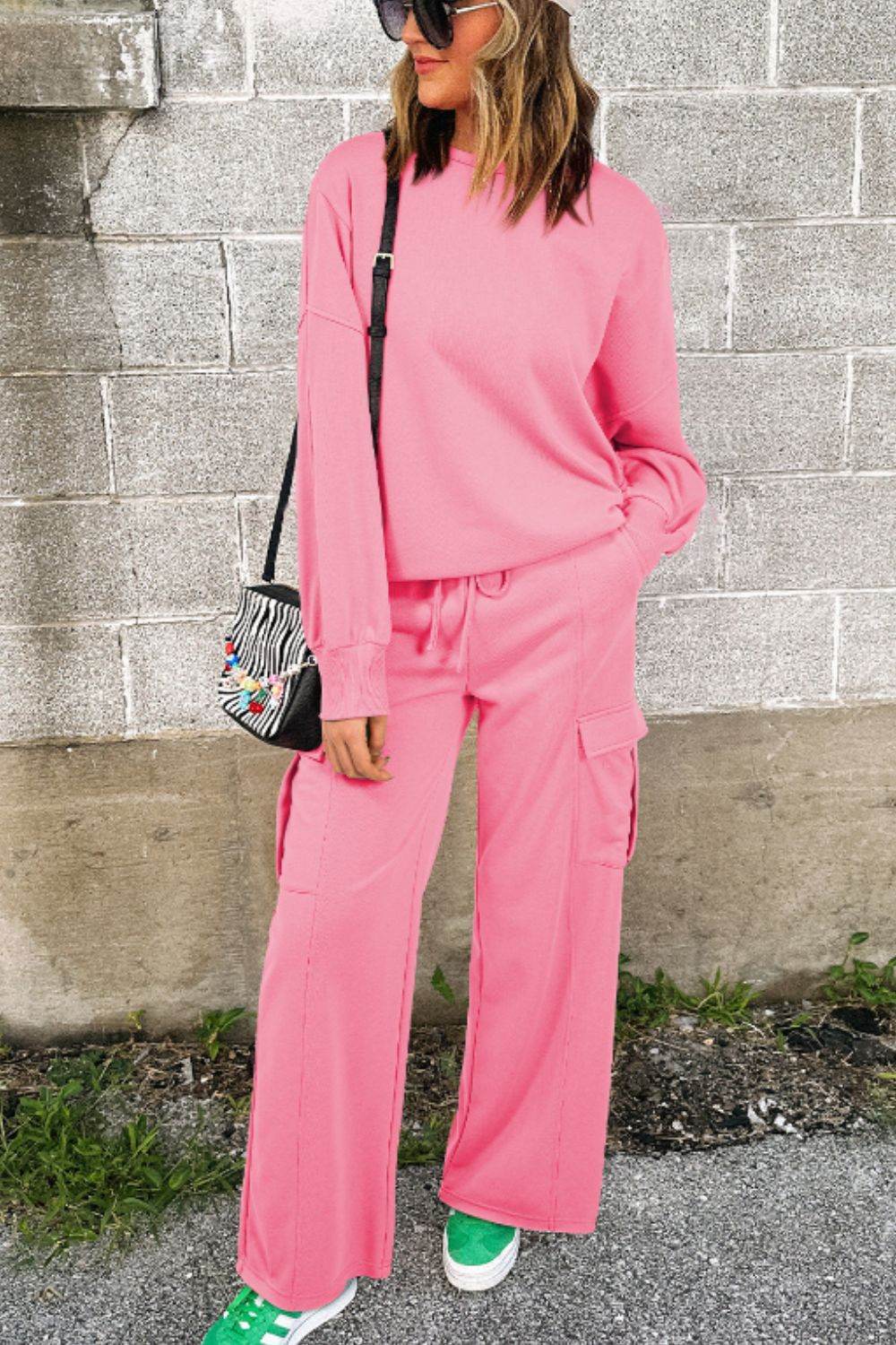 Full Size Round Neck Long Sleeve Top and Drawstring Pants Set - Delanoir