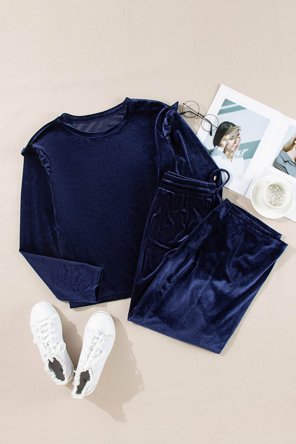 Frill Round Neck Long Sleeve Top and Pants Set - Delanoir