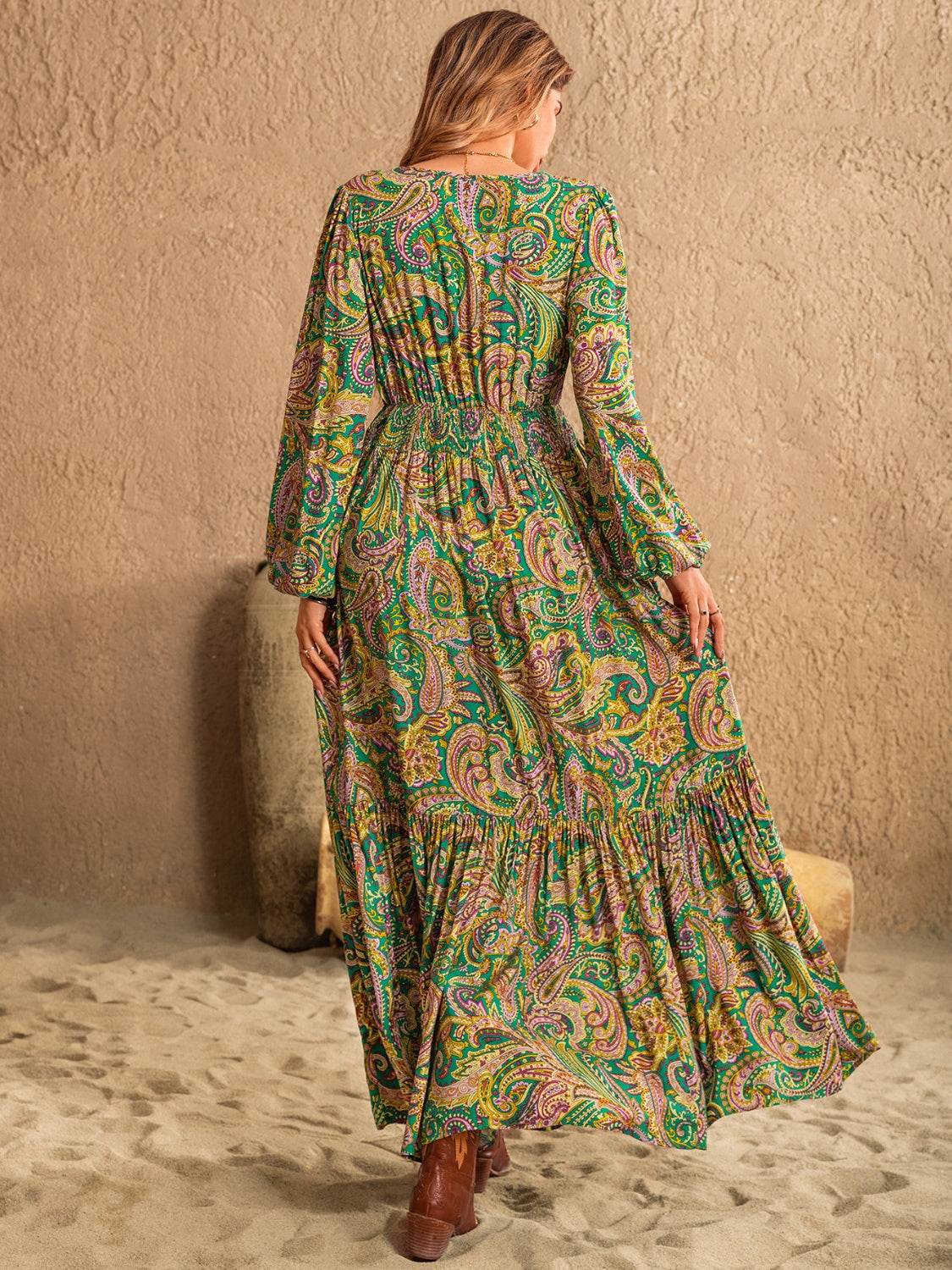 Printed Tie Neck Long Sleeve Dress - Delanoir