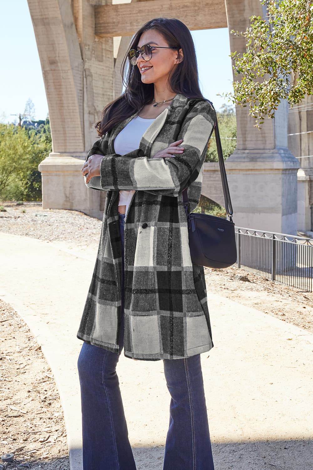 Double Take Full Size Plaid Button Up Lapel Collar Coat - Delanoir