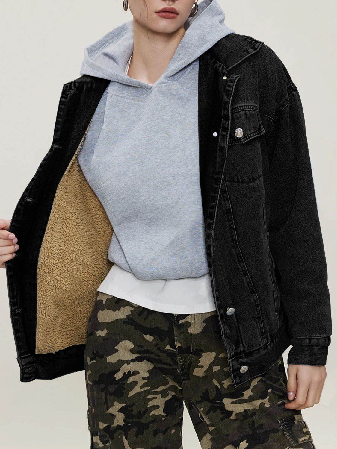 Button Up Collared Neck Long Sleeve Denim Jacket - Delanoir