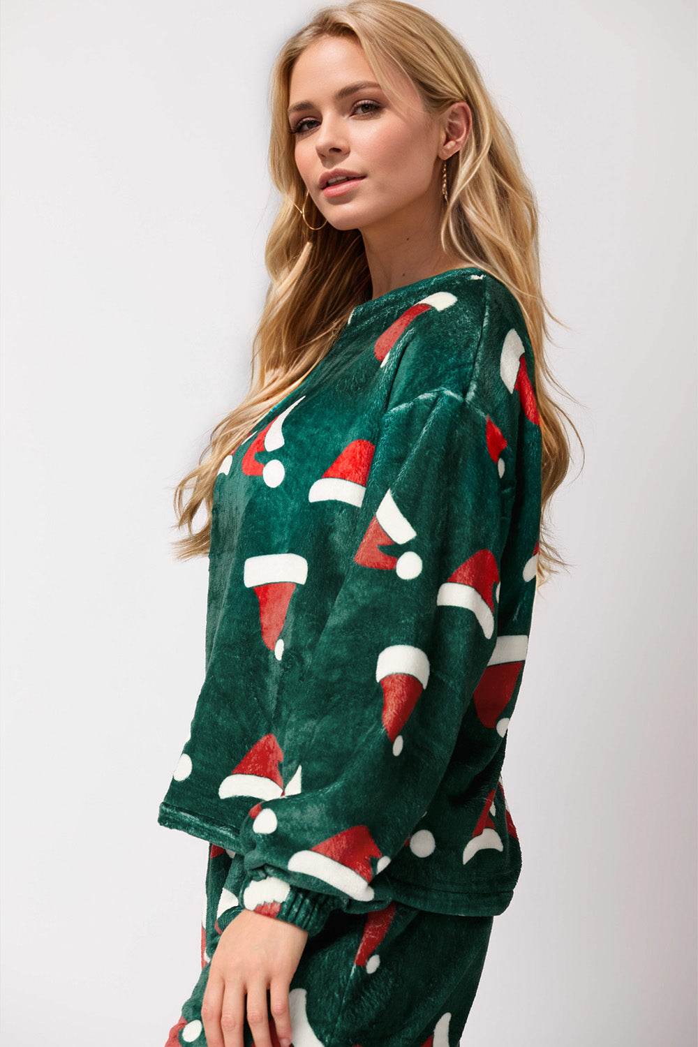 Christmas Hat Pattern Round Neck Long Sleeve Top and Pants Set - Delanoir
