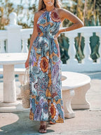 Printed Halter Neck Maxi Dress - Delanoir