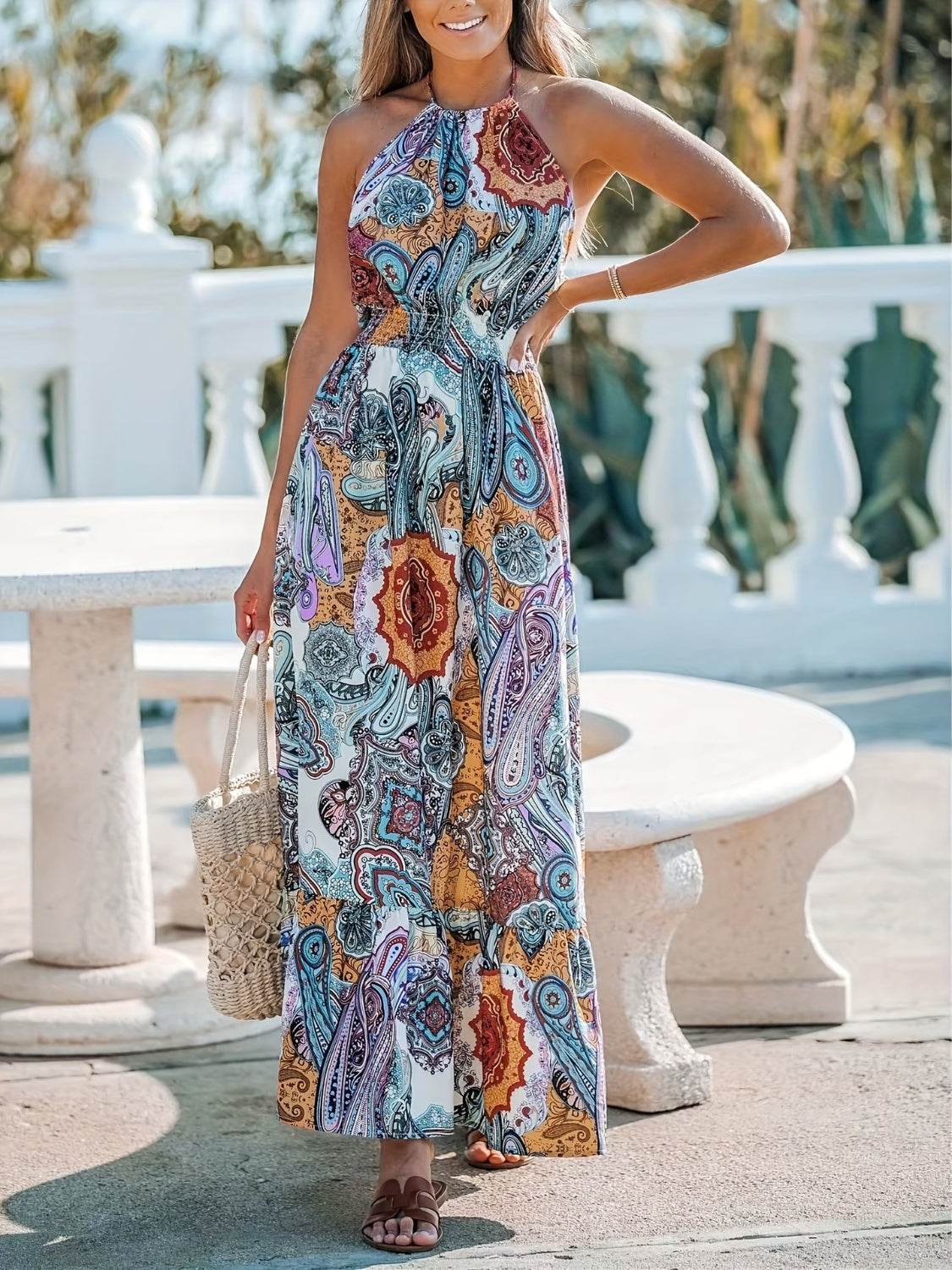Printed Halter Neck Maxi Dress - Delanoir