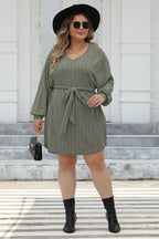Plus Size Ribbed Tie Front Long Sleeve Sweater Dress - Delanoir