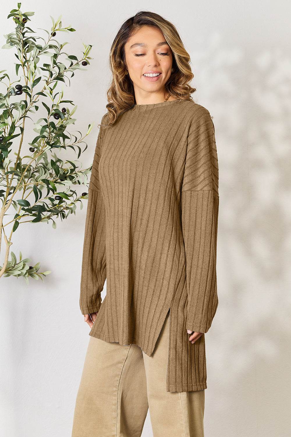 Basic Bae Full Size Ribbed Round Neck Long Sleeve Slit Top - Delanoir