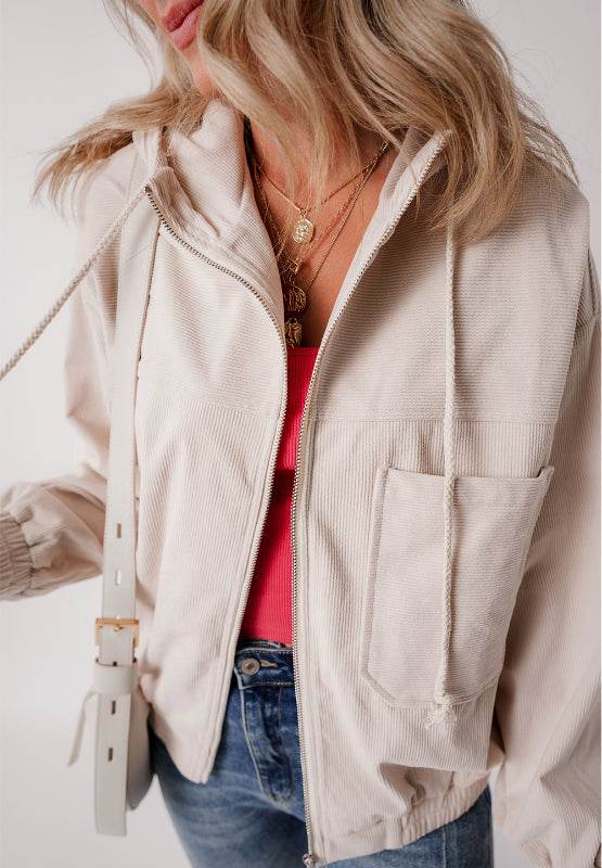 Pocketed Zip Up Long Sleeve Hooded Jacket - Delanoir