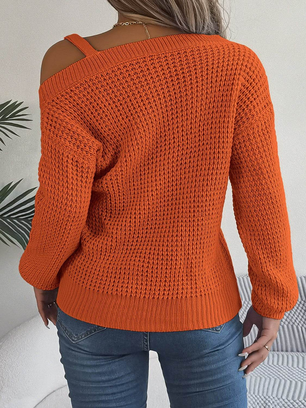 Asymmetrical Neck Long Sleeve Sweater - Delanoir