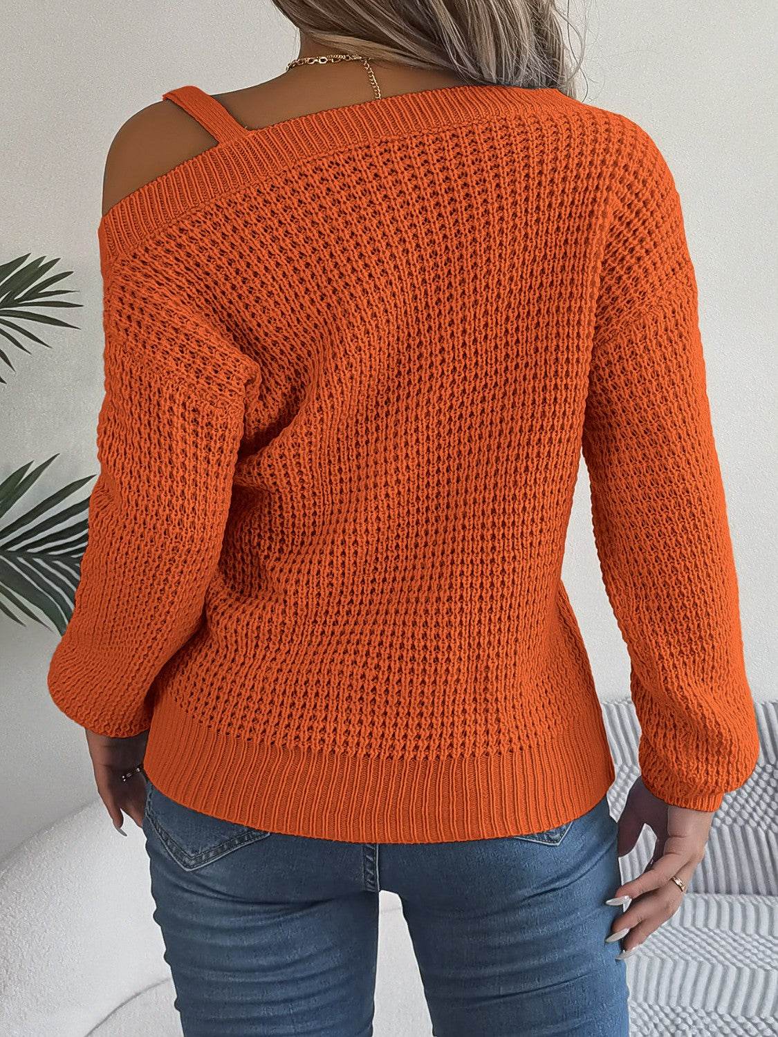 Asymmetrical Neck Long Sleeve Sweater - Delanoir