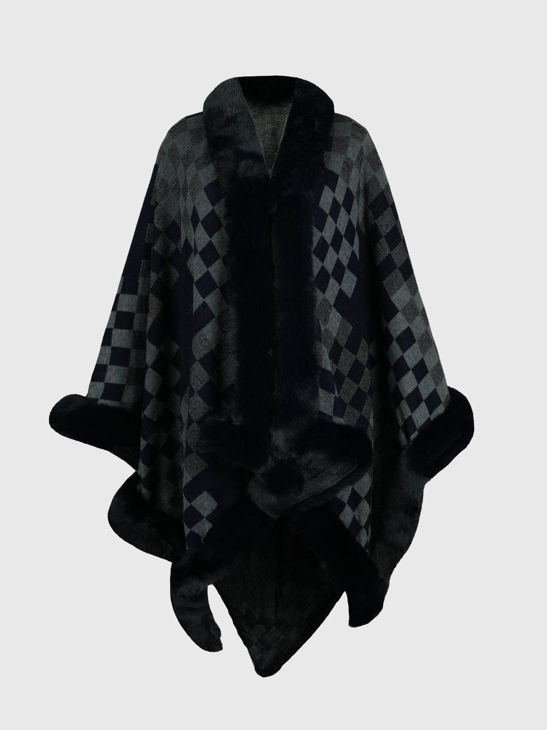 Checkered Faux Fur Trim Poncho - Delanoir