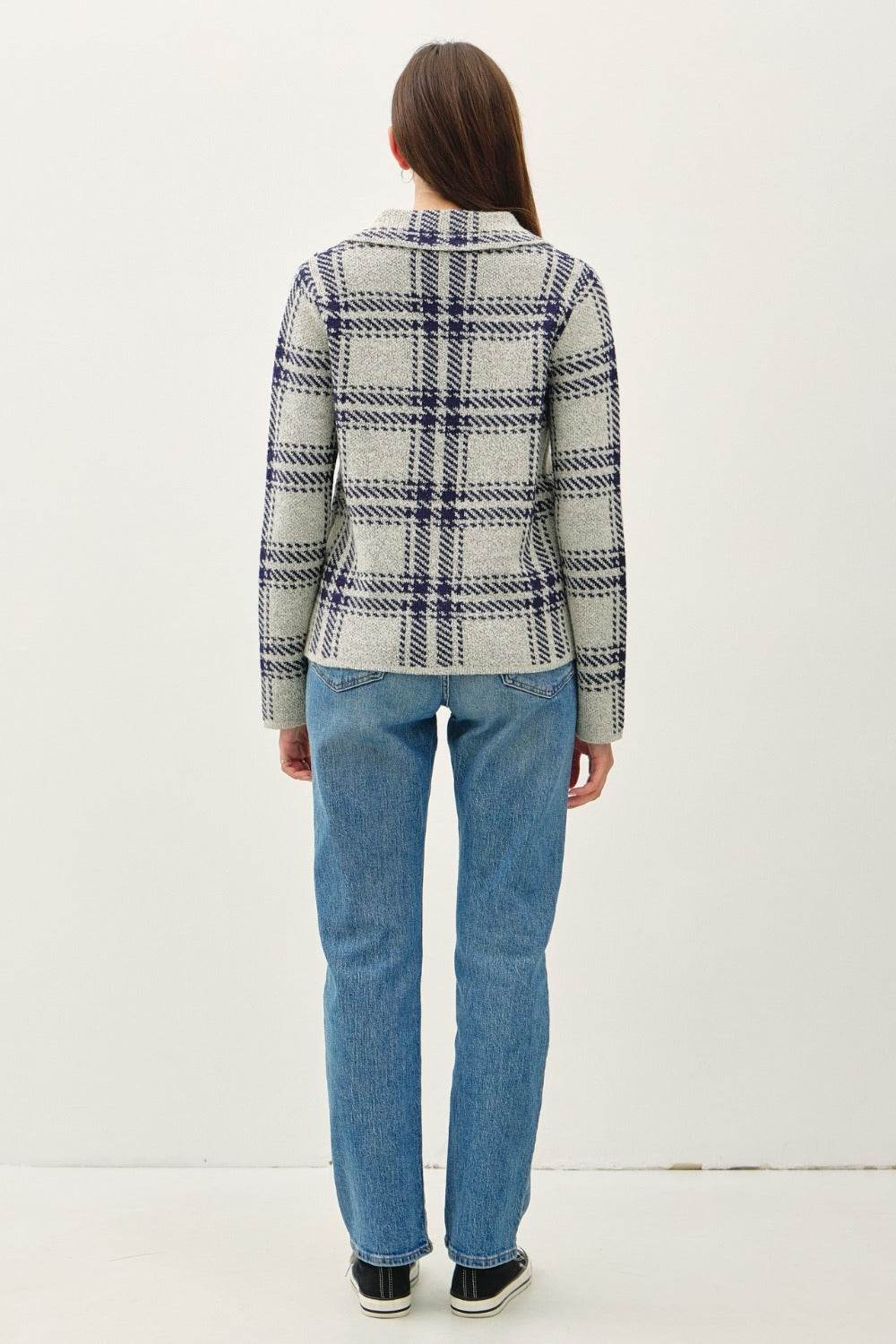 Be Cool Plaid Long Sleeve Sweater Jacket with Front Patch Pockets - Delanoir