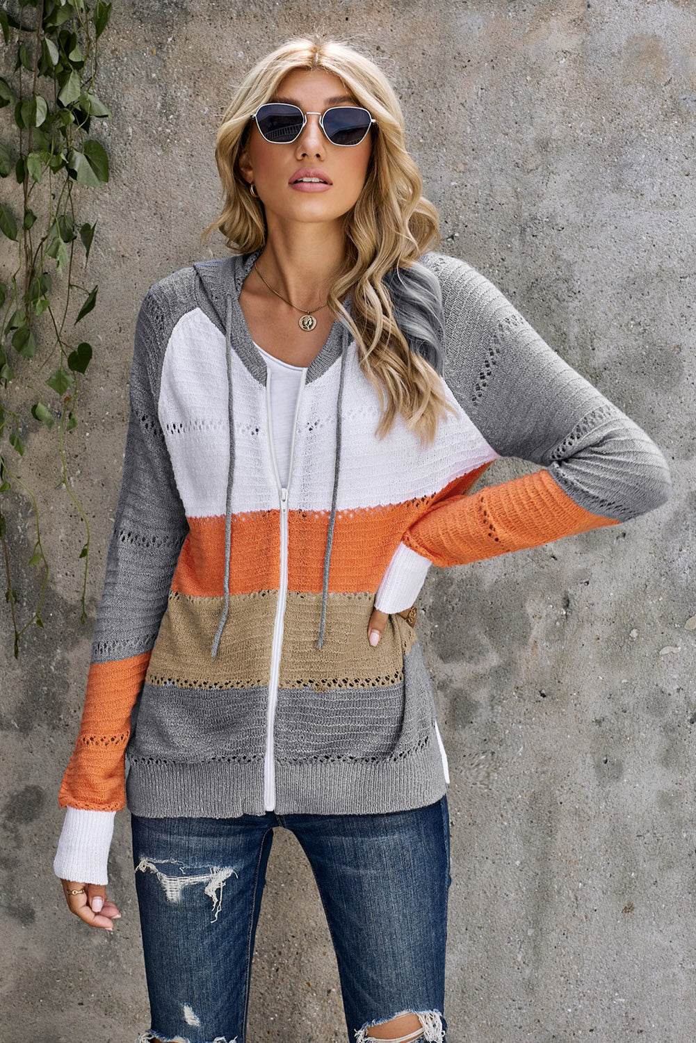 Zip-Up Raglan Sleeve Openwork Hooded Cardigan - Delanoir