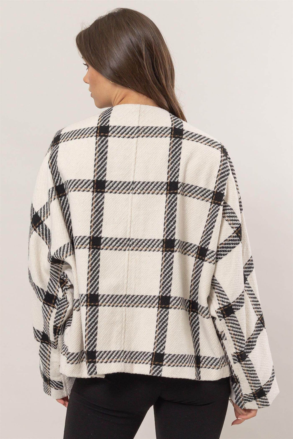 HYFVE Plaid Long Sleeve Jacket with Side Slit Pockets - Delanoir