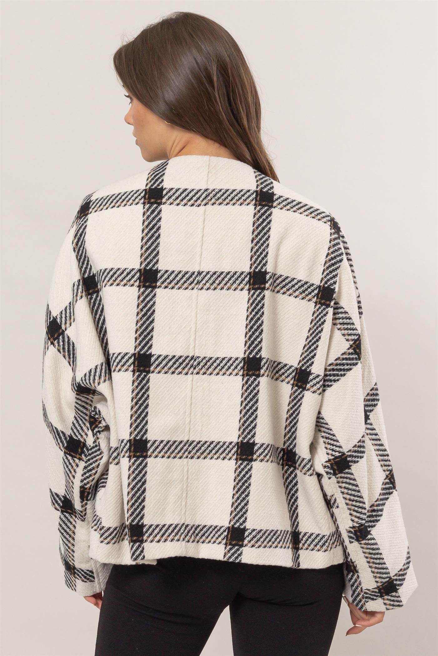 HYFVE Plaid Long Sleeve Jacket with Side Slit Pockets - Delanoir